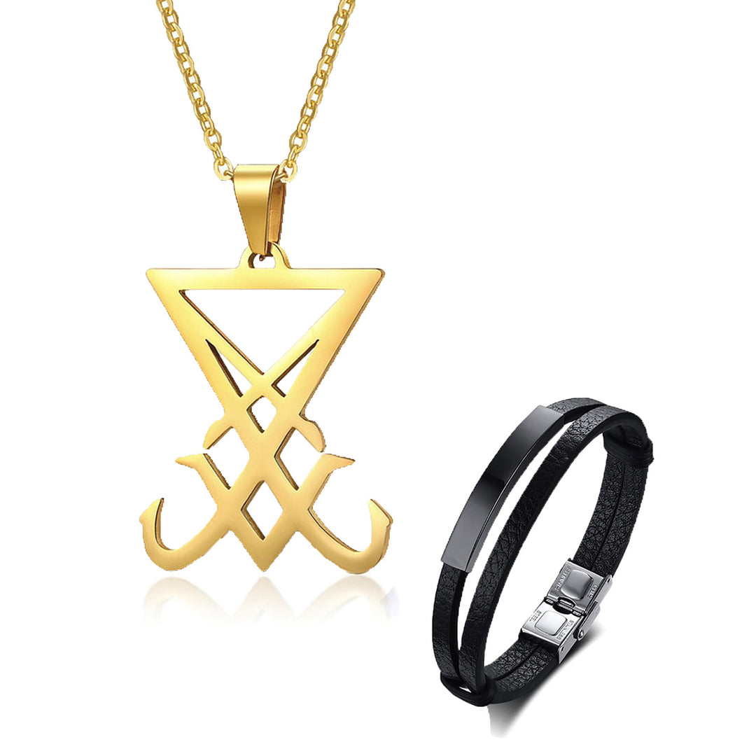 GUNGNEER Sigil Of Lucifer Necklace Stainless Steel Leather Bracelet Jewelry Set