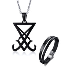Load image into Gallery viewer, GUNGNEER Sigil Of Lucifer Necklace Stainless Steel Leather Bracelet Jewelry Set