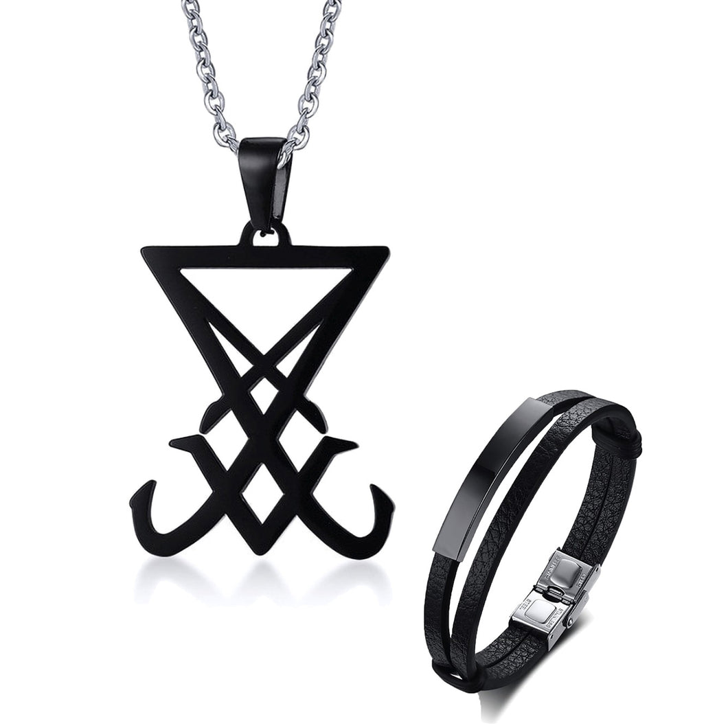 GUNGNEER Sigil Of Lucifer Necklace Stainless Steel Leather Bracelet Jewelry Set