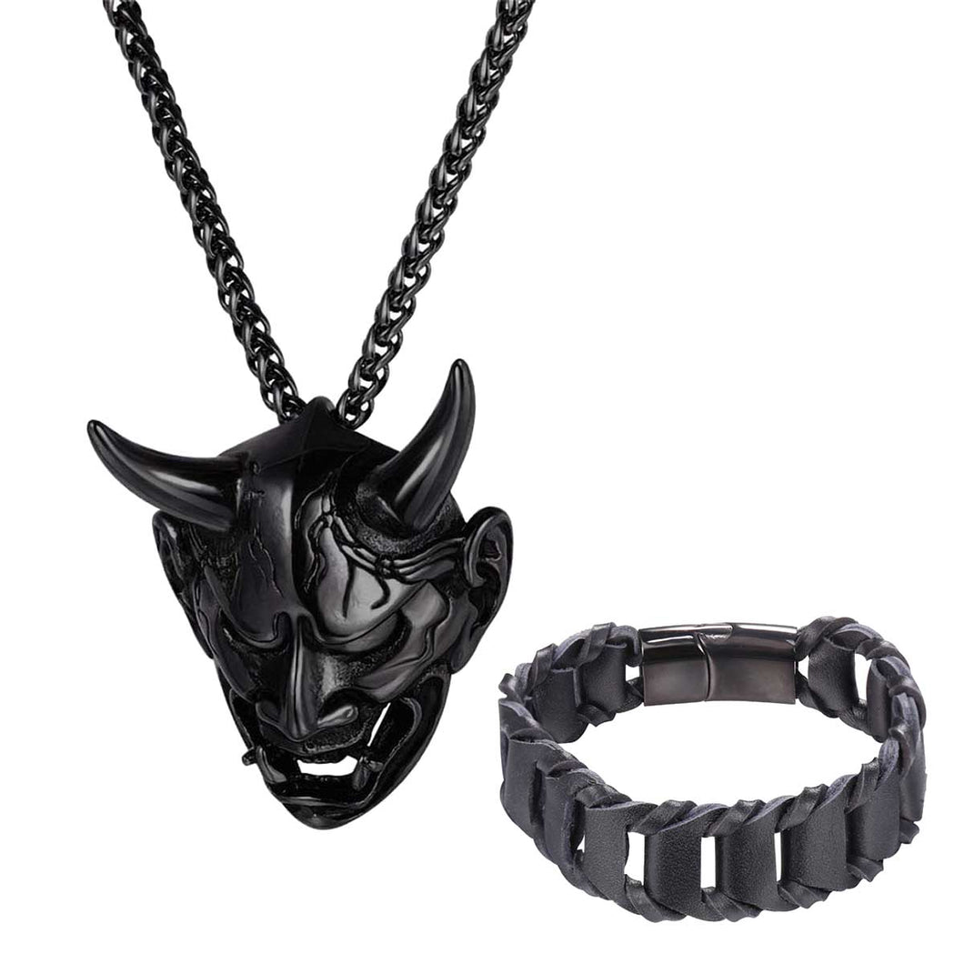GUNGNEER Stainless Steel Satan Pendant Necklace Genuine Leather Bracelet Jewelry Set