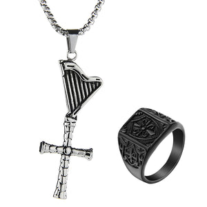 GUNGNEER Stainless Steel Flower Knight Templar Cross Pendant Necklace with Ring Jewelry Set