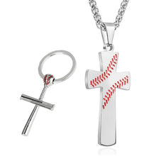 Load image into Gallery viewer, GUNGNEER Baseball Bat Cross Stainless Steel Pendant Necklace with Keychain Accessory Set