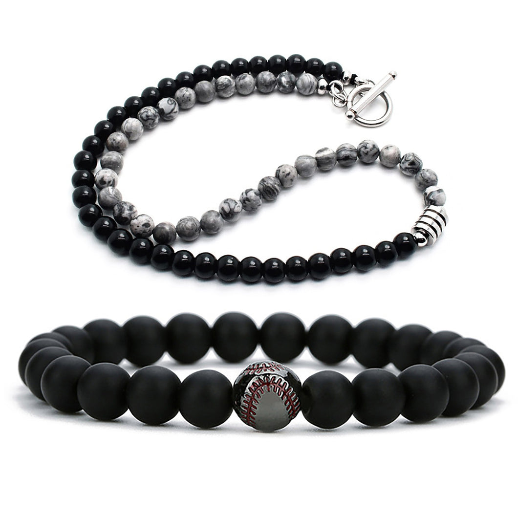 GUNGNEER Trendy Baseball Bead Necklace Stone Sports with Bracelet Jewelry Accessory Men Women