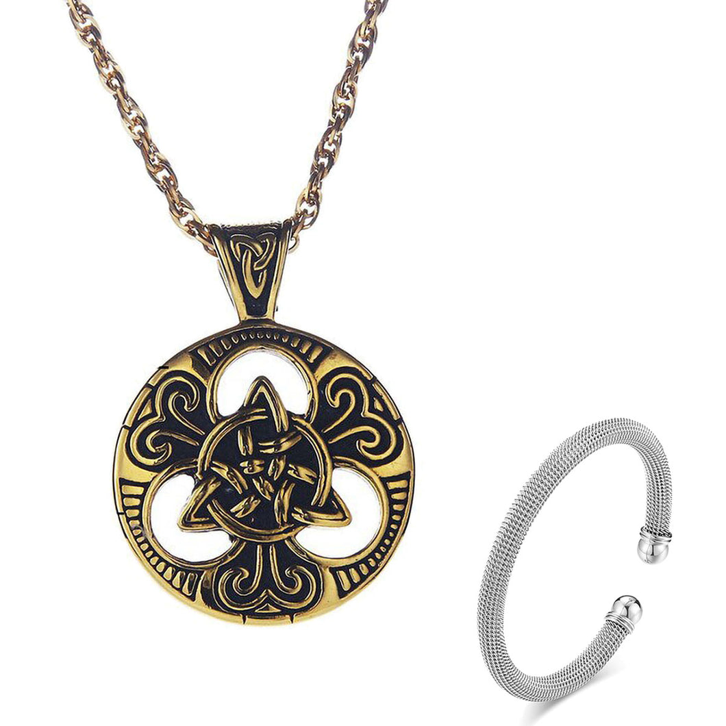 GUNGNEER Triquetra Celtic Knot Stainless Steel Necklace Opening Cuff Charm Bangles Jewelry Set