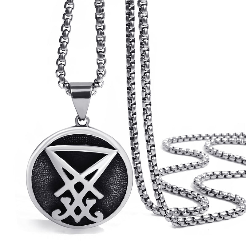 GUNGNEER Stainless Steel Sigil Of Lucifer Pendant Necklace Biker Jewelry Accessory For Men