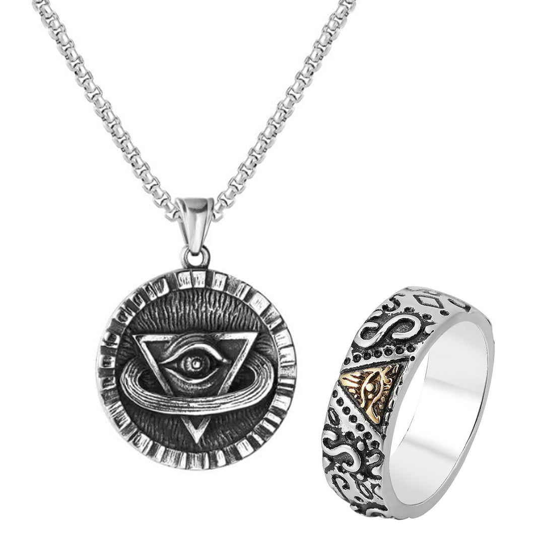 GUNGNEER Egyptian Pharaoh Eye of Horus Rune Amulet Necklace Biker Ring Egypt Jewelry Set