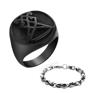 GUNGNEER Men's Sigil Of Lucifer Ring Stainless Steel Punk Gothic Bracelet Jewelry Set