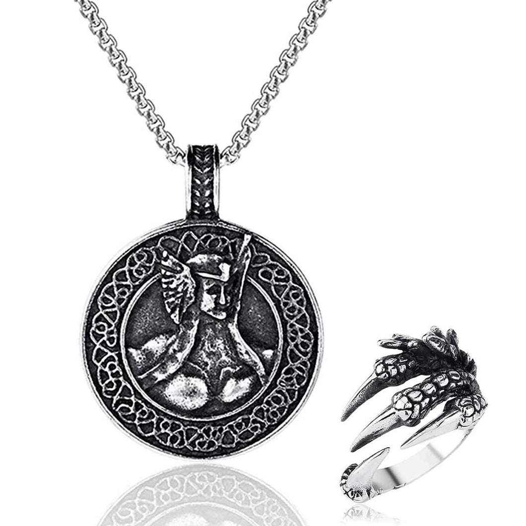 GUNGNEER Viking Warriors Vegvisir Rune Pendant Necklace with Dragon Claw Ring Jewelry Set