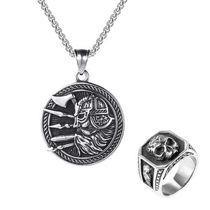 GUNGNEER Stainless Steel Viking Norse Warrior Pendant Necklace with Skull Ring Jewelry Set