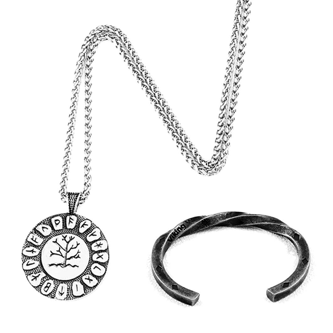 GUNGNEER 2 Pcs Viking Tree of Life Runes Pendant Necklace Bangle Stainless Steel Jewelry Set