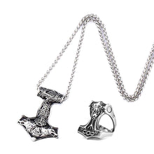 Load image into Gallery viewer, GUNGNEER 2 Pcs Stainless Steel Thor Hammer Fenrir Wolf Valknut Necklace with Ring Jewelry Set