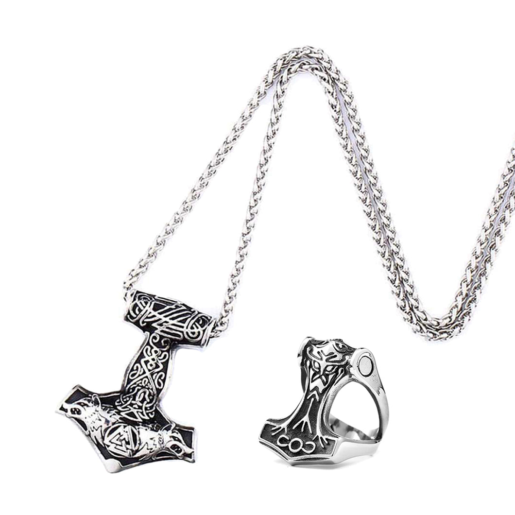 GUNGNEER 2 Pcs Stainless Steel Thor Hammer Fenrir Wolf Valknut Necklace with Ring Jewelry Set