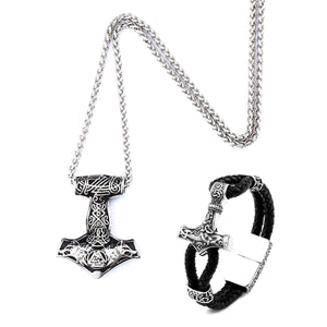 GUNGNEER Mjolnir Thor Hammer Viking Valknut Wolf Pendant Necklace with Bracelet Jewelry Set