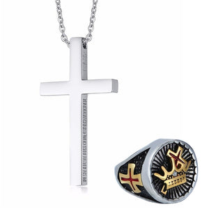 GUNGNEER Knights Templar Cross Stainless Steel Pendant Necklace with Ring Jewelry Set