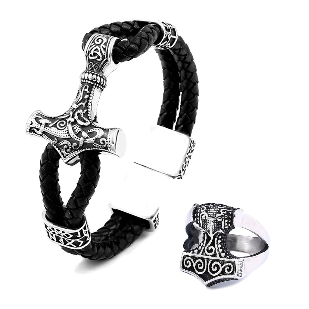 GUNGNEER Viking Norse Thor Hammer Raven Stainless Steel Amulet Ring with Bracelet Jewelry Set