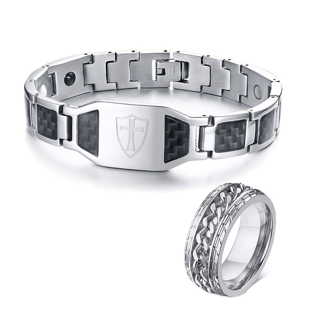 GUNGNEER Knights Templar Cross Shield Bracelet Ring Stainless Steel Jewelry Set Men Women