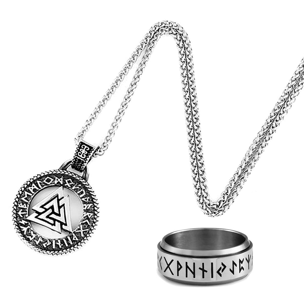 GUNGNEER 2 Pcs Viking Norse Valknut Rune Pendant Necklace with Ring Stainless Steel Jewelry Set