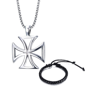 GUNGNEER Stainless Steel Templar Knights Cross Hollow Pendant Necklace with Rope Bracelet Set