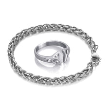 Load image into Gallery viewer, GUNGNEER Stainless Steel Celtic Knot Triqutra Ring Wheat Chain Bracelet Jewelry Set Men Women