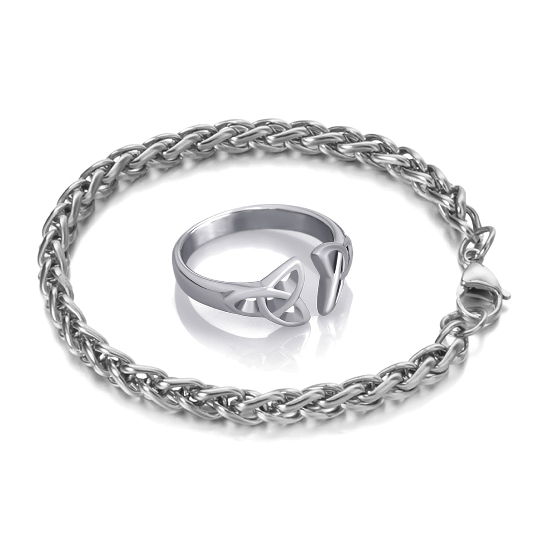 GUNGNEER Stainless Steel Celtic Knot Triqutra Ring Wheat Chain Bracelet Jewelry Set Men Women