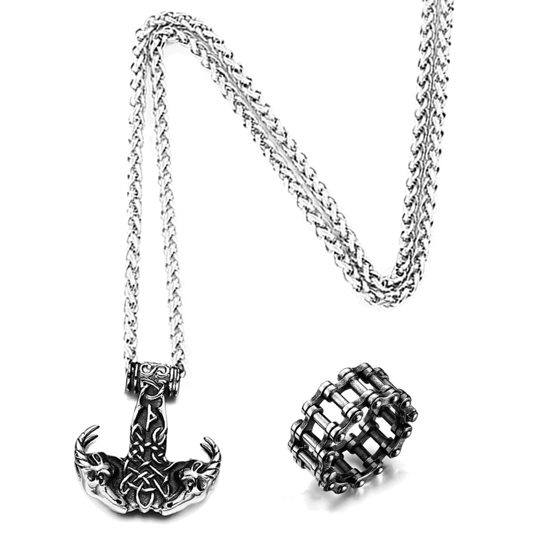 GUNGNEER 2 Pcs Viking Nordic Bear Pendant Necklace with Biker Ring Stainless Steel Jewelry Set
