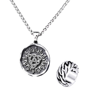 GUNGNEER Stainless Steel Celtic Knot Triquetra Necklace Punk Infinity Ring Jewelry Set Men Women