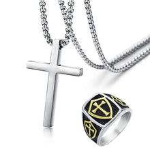 Load image into Gallery viewer, GUNGNEER Stainless Steel Crusaders Knights Templar Cross Shield Ring with Necklace Jewelry Set