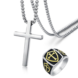 GUNGNEER Stainless Steel Crusaders Knights Templar Cross Shield Ring with Necklace Jewelry Set