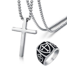 Load image into Gallery viewer, GUNGNEER Stainless Steel Crusaders Knights Templar Cross Shield Ring with Necklace Jewelry Set