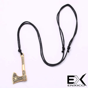 ENXICO Viking Battle Axe Amulet Pendant Necklace with Sun Wheel Pattern ? Silver Color ? Norse Scandinavian Jewelry