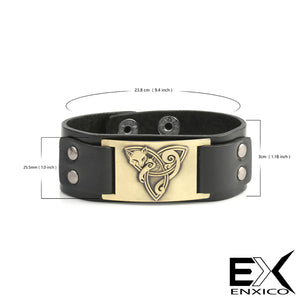 ENXICO Celtic Cat and Triquetra Knot Amulet Leather Bangle Bracelet ? Irish Celtic Zodiac Spirit Jewelry ? Black + Silver
