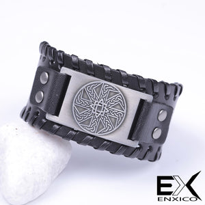 ENXICO Kolovrat Slavic Sun Wheel Amulet Braided Leather Bangle Bracelet ? Ancient Slav Jewelry ? Black + Silver