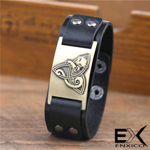 Load image into Gallery viewer, ENXICO Celtic Cat and Triquetra Knot Amulet Leather Bangle Bracelet ? Irish Celtic Zodiac Spirit Jewelry ? Black + Silver