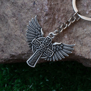 GUNGNEER Irish Celtic Knot Round Pendant Necklace Cross Wings Key Chain Jewelry Set Men Women