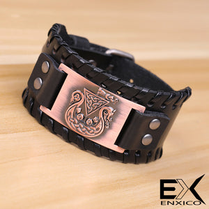 ENXICO Viking Ship Amulet Braided Leather Bangle Bracelet ? Nordic Scandinavian Viking Jewelry ? Black + Copper