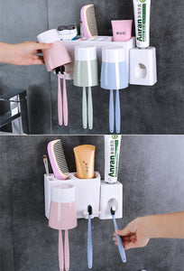 2TRIDENTS Wall-Mount Toothbrush Toothpaste Squeezer Dispenser Holder - Household Simple Bathroom Storage Box (A)