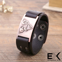 Load image into Gallery viewer, ENXICO Celtic Cat and Triquetra Knot Amulet Leather Bangle Bracelet ? Irish Celtic Zodiac Spirit Jewelry ? Black + Silver