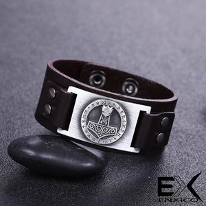 ENXICO Thor's Hammer Mjolnir Amulet Leather Bangle Bracelet ? Nordic Scandinavian Viking Jewelry ? Black + Bronze