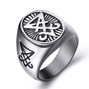 GUNGNEER Round Face Pentagram Necklace Stainless Steel Lucifer Ring Jewelry Set