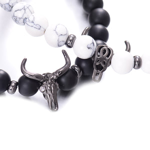 HoliStone Punky Style Black Cattle Skull with Natural Stone Beaded Charm Bracelet ? Anxiety Stress Relief Empowering Bracelet for Women and Men
