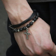 Load image into Gallery viewer, HoliStone Unique Lava Stone with Leather Multi Strand Bracelet Cross Lucky Charm for Men