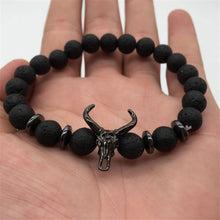 Load image into Gallery viewer, HoliStone Punky Style Lava Stone Beaded Bracelet with Bull Head for Women and Men