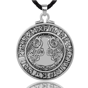 ENXICO Odin's Ravens Huginn and Muninn Amulet Pendant Necklace with Rune Circle Surrounding ? Light Grey Color ? Norse Scandinavian Viking Jewelry