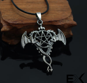 ENXICO Dragon Couple and The Pentacle Amulet Pendant Necklace ? Silver Color ? Wicca Pagan Witchcraft Jewelry