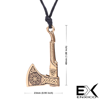 ENXICO Viking Axe with Helm of Awe and Valknut Pattern Pendant Necklace ? Nordic Scandinavian Viking Jewelry ? Bronze Plated