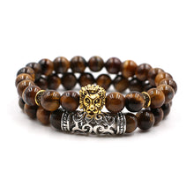 Load image into Gallery viewer, HoliStone 2pcs/Set Lava Onyx Tiger Eye Natural Stone Bracelet with Leo The Lion ? Anxiety Stress Relief Yoga Meditation Energy Balancing Lucky Charm Bracelet for Women and Men