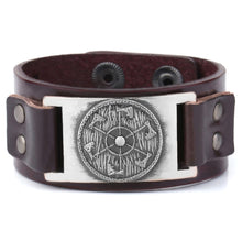 Load image into Gallery viewer, ENXICO Viking Shield with Axe Wheel Pattern Leather Bangle Bracelet ? Nordic Scandinavian Viking Jewelry ? Brown + Copper