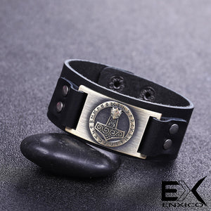ENXICO Thor's Hammer Mjolnir Amulet Leather Bangle Bracelet ? Nordic Scandinavian Viking Jewelry ? Black + Bronze