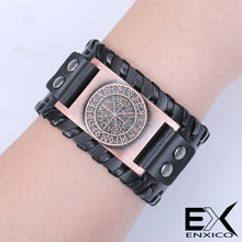 Load image into Gallery viewer, ENXICO Vegvisir Viking Runic Compass with Rune Circle Braided Leather Bangle Bracelet ? Nordic Scandinavian Viking Jewelry ? Black + Silver
