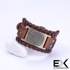 ENXICO Vegvisir Viking Runic Compass with Rune Circle Braided Leather Bangle Bracelet ? Nordic Scandinavian Viking Jewelry ? Black + Silver